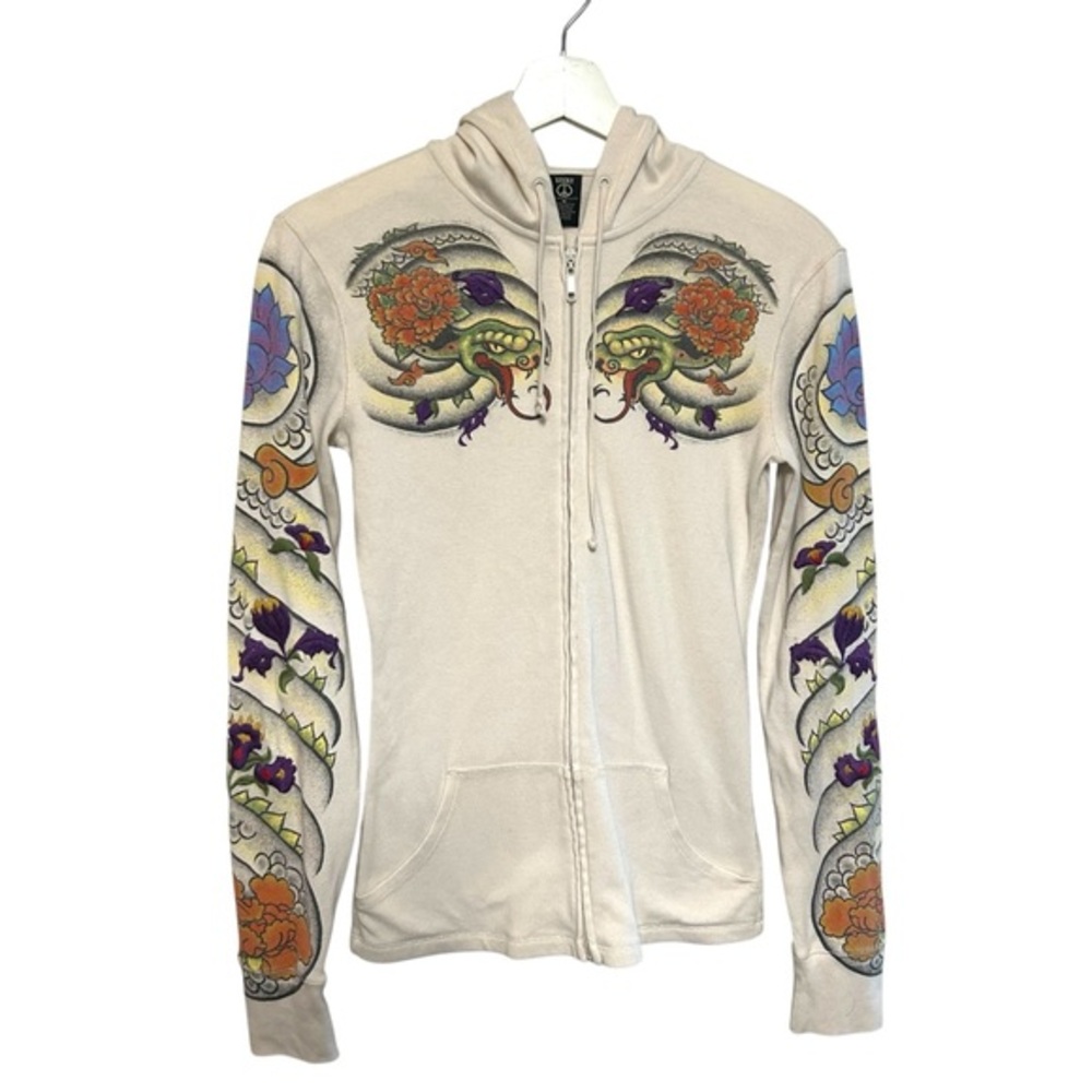 Lucky brand M zip hoodie knit‎ embroidery floral snake graphic tattoo art indie